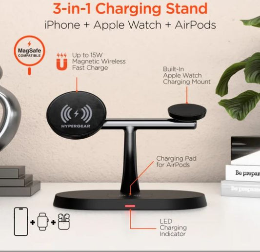 HyperGear® MaxCharge Pro 3-in-1 Wireless Charging Stand with 15-Watt Magnetic Wireless Fast Charge, Black