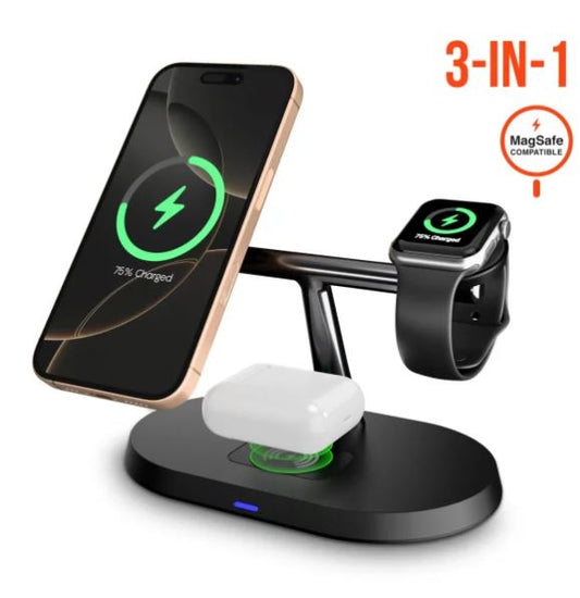 HyperGear® MaxCharge Pro 3-in-1 Wireless Charging Stand with 15-Watt Magnetic Wireless Fast Charge, Black