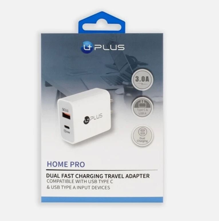 UPLUS 20 WATT HOME DUAL FAST CHARGING TRAVEL ADAPTER WITH USB TYPE C AND USB TYPE A INPUT - WHITE