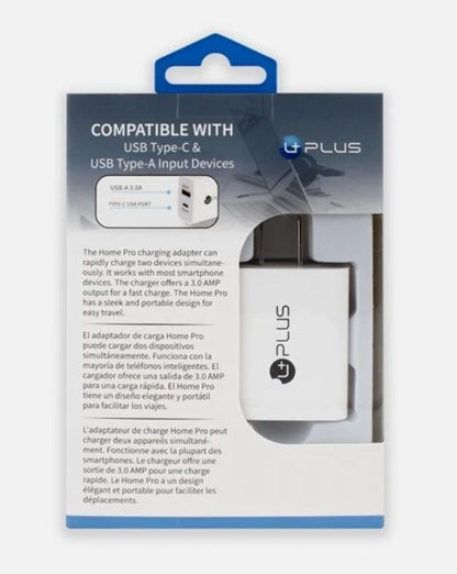 UPLUS 20 WATT HOME DUAL FAST CHARGING TRAVEL ADAPTER WITH USB TYPE C AND USB TYPE A INPUT - WHITE